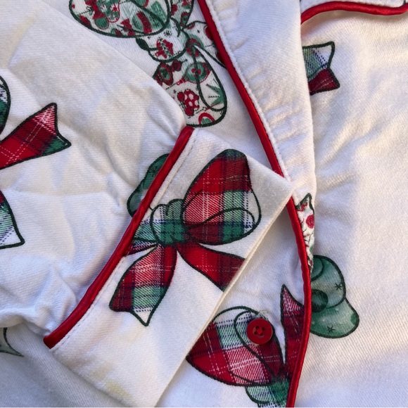 Disney Parks Christmas Flannel Pajama Set with Green and Red Holiday Bows - Picture 4 of 12